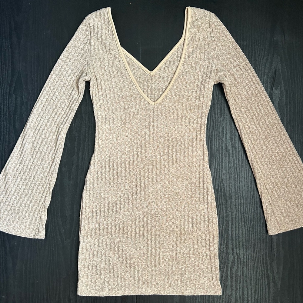 Cream/Beige ribbed long sleeve mini dress with belle sleeves